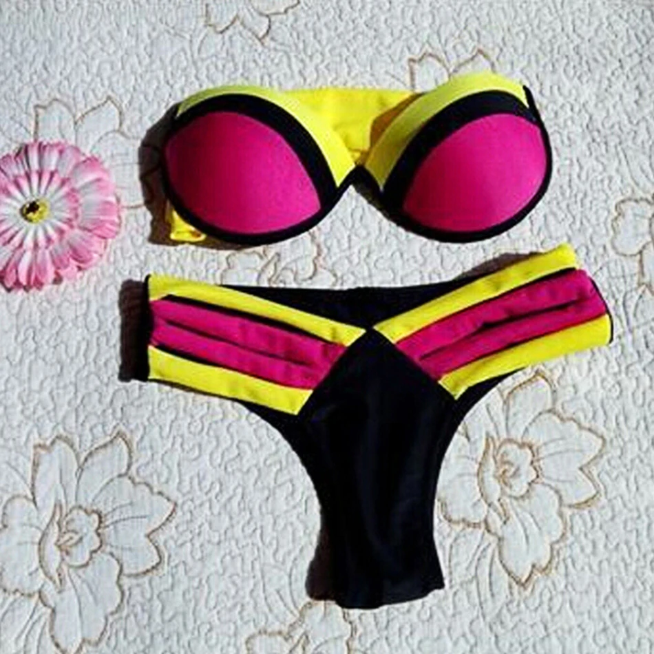 2018 Women Bikini Set Sexy Padded Swimsuit Blue and Yellow Push Up Bandeau Swimwear Summer Beachwear Splice Brazil Bathing Suit red