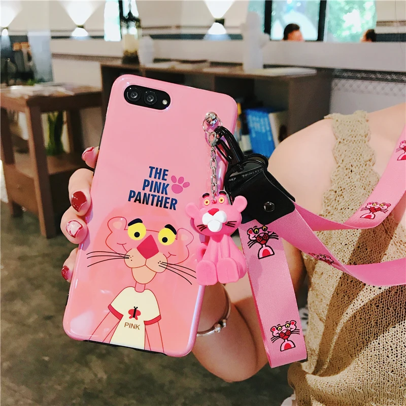 

Sam S9 plus Case, Blue Ray cute pink panther Soft back phone Cover for Samsung Galaxy S8 S10 Note 9 note8 S7 edge +toy +Strap