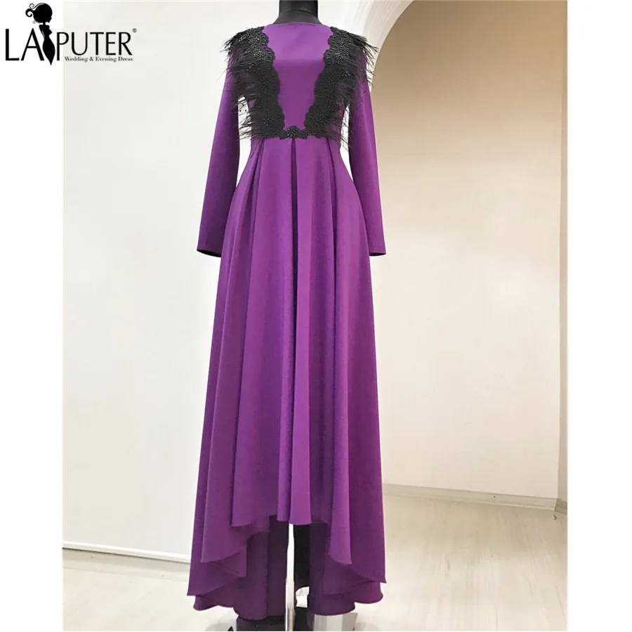 2017 Nouveau Pourpre Manches Longues Dubaï Arabe Musulman Robes De Soirée Dentelle Perlée Plumes Longue A,ligne Femmes Robe De B..
