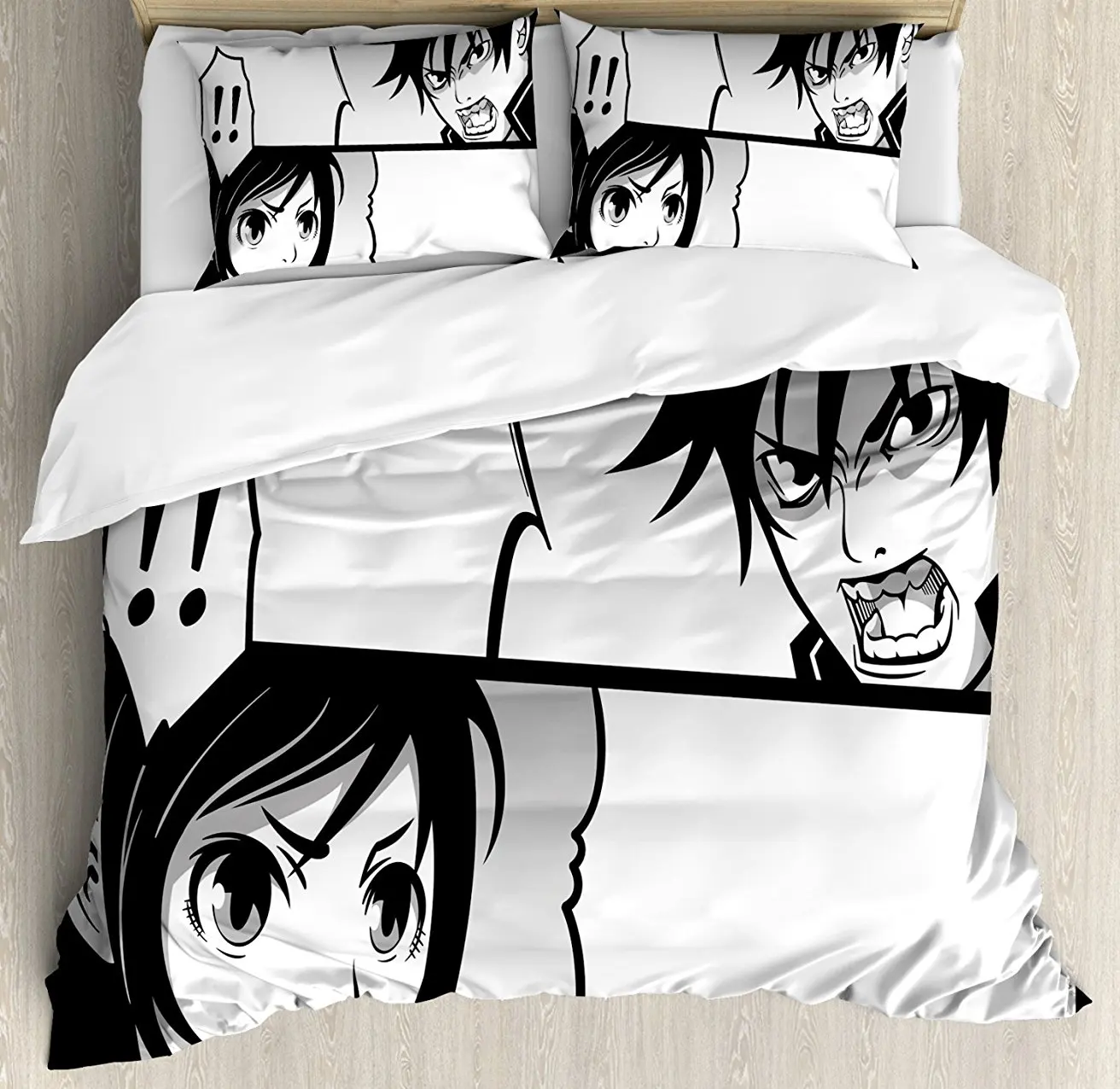 

Anime Duvet Cover Set, Japanese Comics Strip with Boy and Girl Fight Scene Manga Image Cartoon Print, 4 Piece Bedding Set