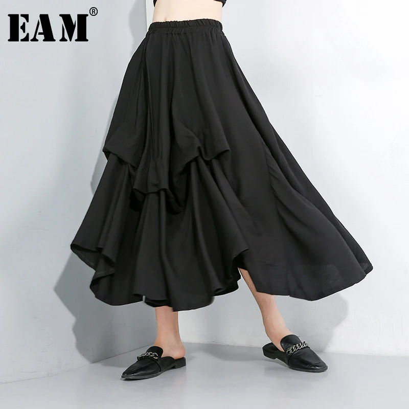 

[EAM] 2019 New Spring Summer High Elastic Waist Black Irregular Fold Split Joint Cake Half-body Skirt Women Fashion Tide JX493