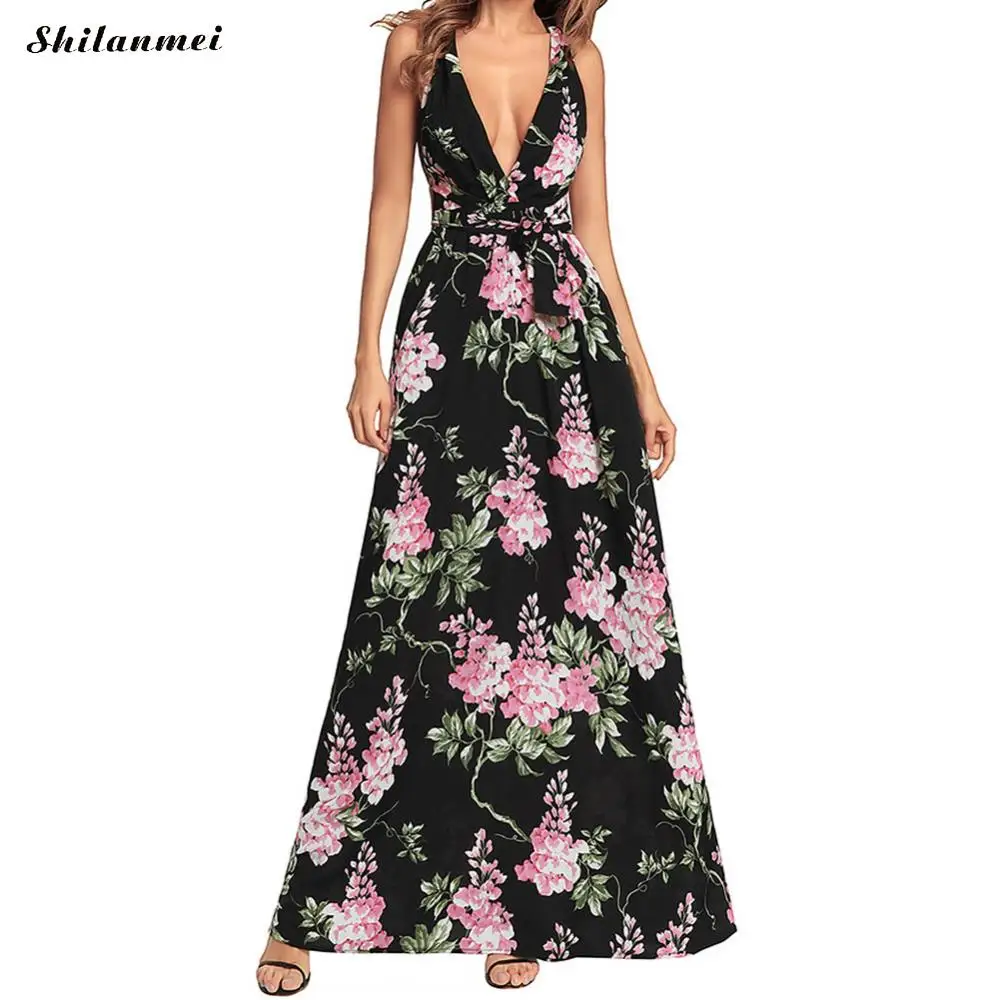 Strappy Black Floral Summer Dress 2018 Women Sleeveless Maxi Spaghetti ...