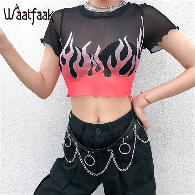 

Waatfaak Summer Transparent T Shirt Women Short Sleeve Fire Graphic Basic Tshirt Femme Harajuku Black Mesh Tee Streetwear Top