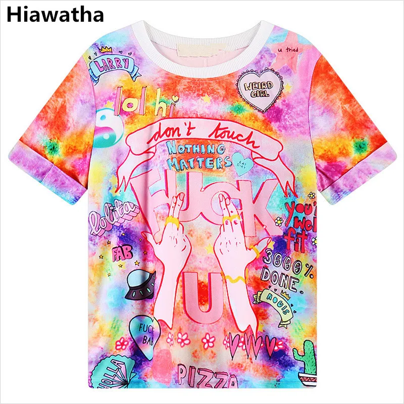 

Hiawatha Summer Style Cartoon Letters Printed T-Shirts Women Harajuku Short Sleeve T Shirt Casual Loose O-Neck Tops T1630