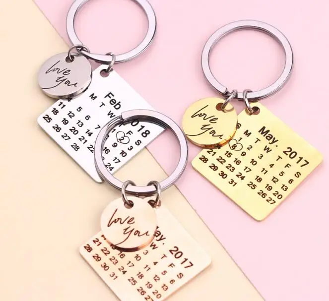 

Personalized Calendar Hand Carved Calendar Highlighted with Heart Date Keychain Stainless Steel Private Custom Brelok Action Toy