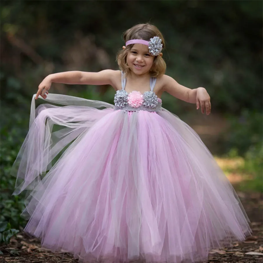 Princess Pink and Grey Flowers Tutu Dress with headband Girls Formal Wedding (9)