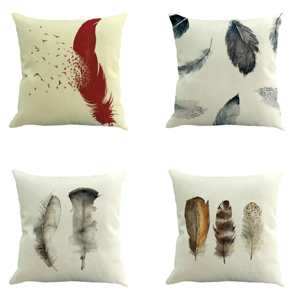 

Simple Multicolor Feathe Printing Pillow Cover 45cm*45cm Bed Home Decoration Flax Square Sofa Waist Throw Cushion Cover