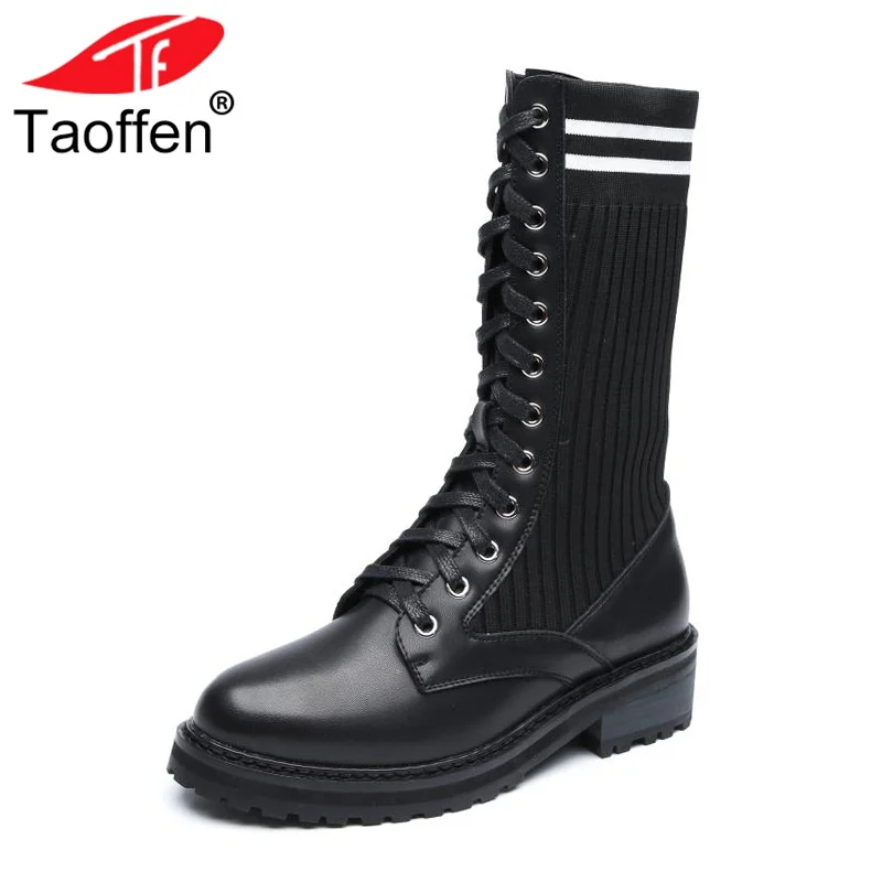 

TAOFFEN Women Genuine Leather Half Short Boots Lace Up Knitting Striped Winter Shoes Women Round Toe Flats Boots Size 35-39