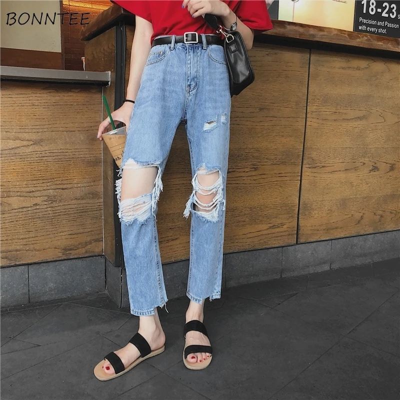 

Jeans Women Simple Trendy Harajuku Korean Style Hole Straight Female High Waist Pockets Womens Casual Students 2019 Spring Daily
