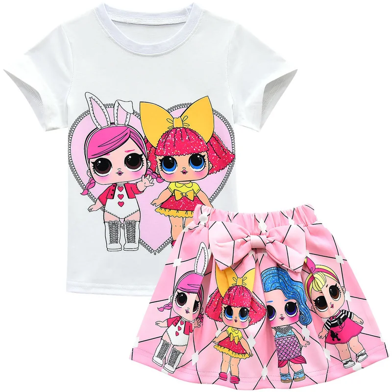 

Kids Baby Girl Clothes Sets 2019 Summer Lol Doll Short Sleeve Top+Bow Cartoon Print Skirt+Bag Kids Children's Clothing Suit Sets