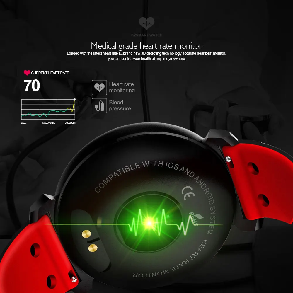 VERYFiTEK K2 Heart Rate Monitor Fitness Bracelet Watch Blood Pressure Oxygen IP68 Waterproof Smart Wristband for IOS Android