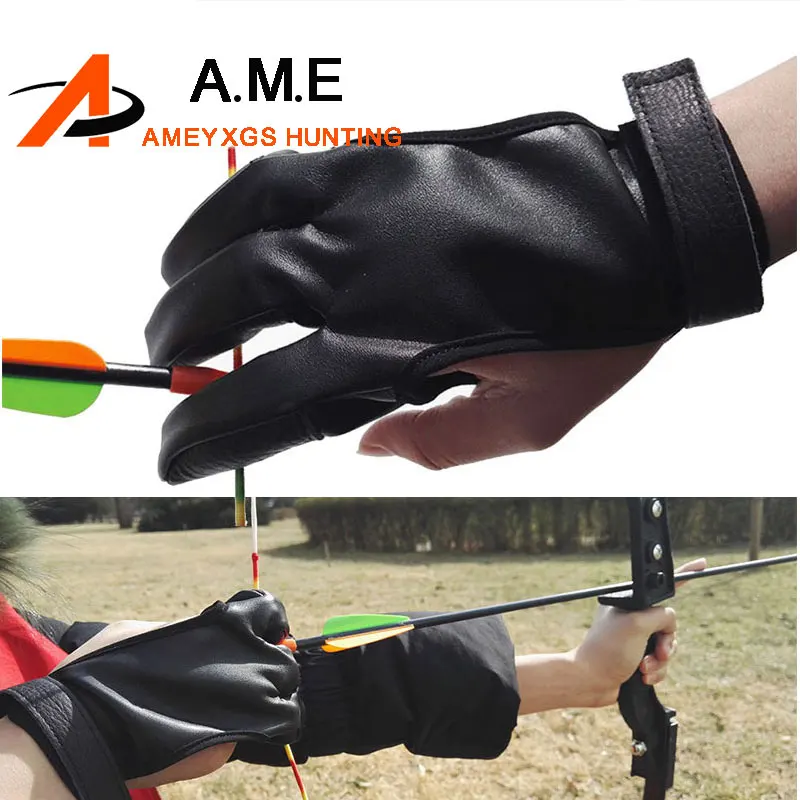 Black Cowhide 3 Finger Archery Protect Glove Pull Bow Arrow for