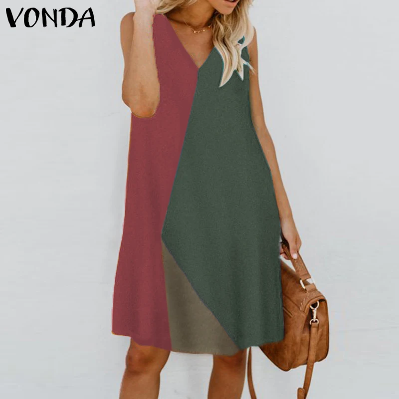 

VONDA Women Summer Dress 2019 Sexy V Neck Patchwork Sleeveless Mini Dress Elegant Sundress Casual Loose Vestido Plus Size S-5XL