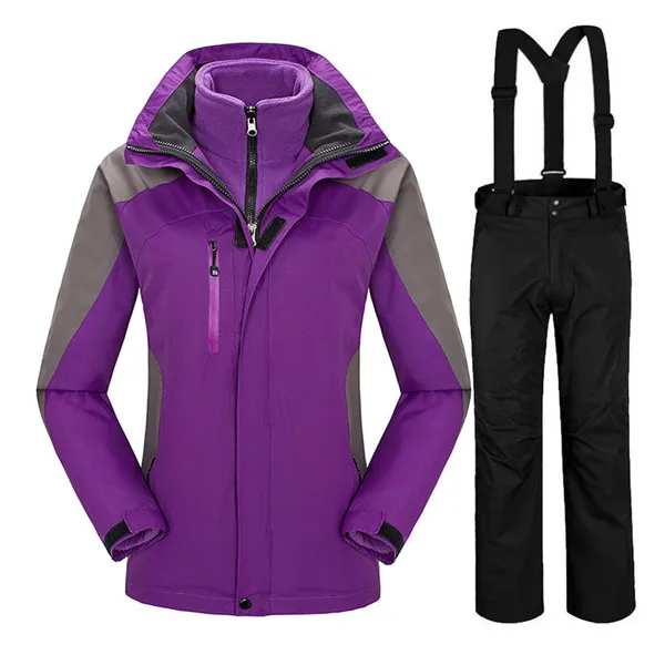 Русская зима минус 35 градусов горный лыжный костюм для женщин ветрозащитный водонепроницаемый термо сноуборд куртки и брюки 1 комплект - Цвет: Фиолетовый