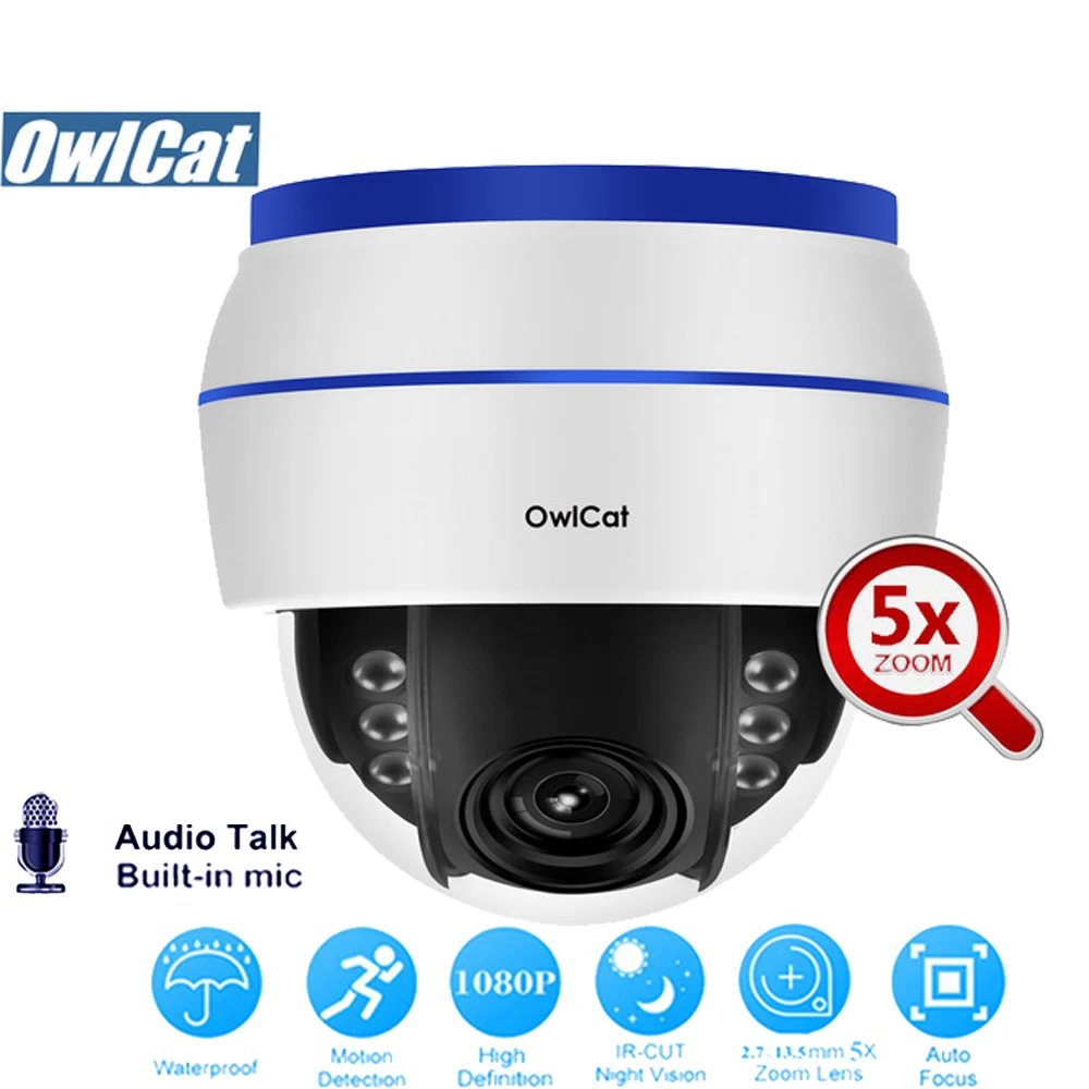 OwlCat HD 1080P Dome PTZ IP Camera Wifi 5X Zoom Auto Focus Two Way Audio/Mic Security CCTV Camera SD Slot IR Night Onvif2.4 P2P OwlCat HD 1080P Dome PTZ IP Camera Wifi 5X Zoom Auto Focus Two Way Audio/Mic Security CCTV Camera SD Slot IR Night Onvif2.4 P2P