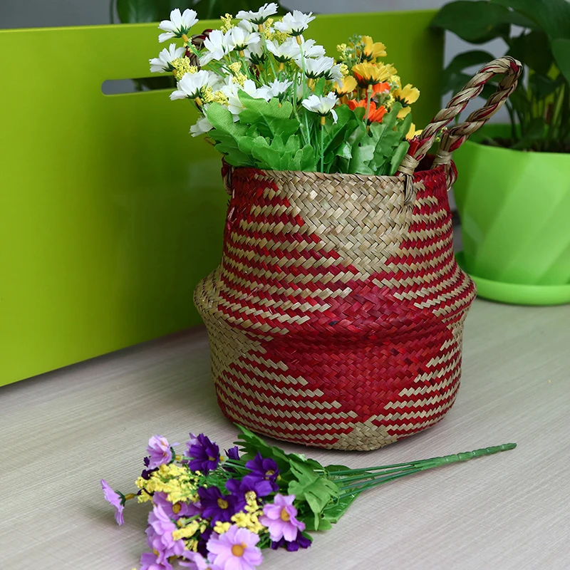 

WCIC Folding Seagrass Storage Basket Rattan Handmade Laundry Baskets Flower Pot Hanging Garden Planter Organizer