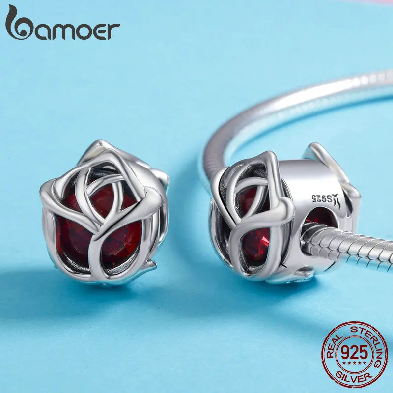 Günstige BAMOER Romantische 100% 925 Sterling Silber Rose Blume, rot Kristall Charme Perlen fit Frauen Charme Armband DIY Schmuck Machen SCC568