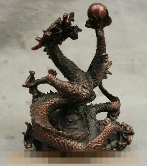 

S6331 7" China Chinese Red Bronze Feng Shui Lucky Circle Fly Hold Bead Dragon Statue D0317