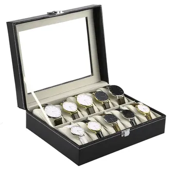

Top Quality 10 Slots PU Leather Watch box Jewelry Display Storage Organizer Collection Case Black watch Casket box Caja de watch