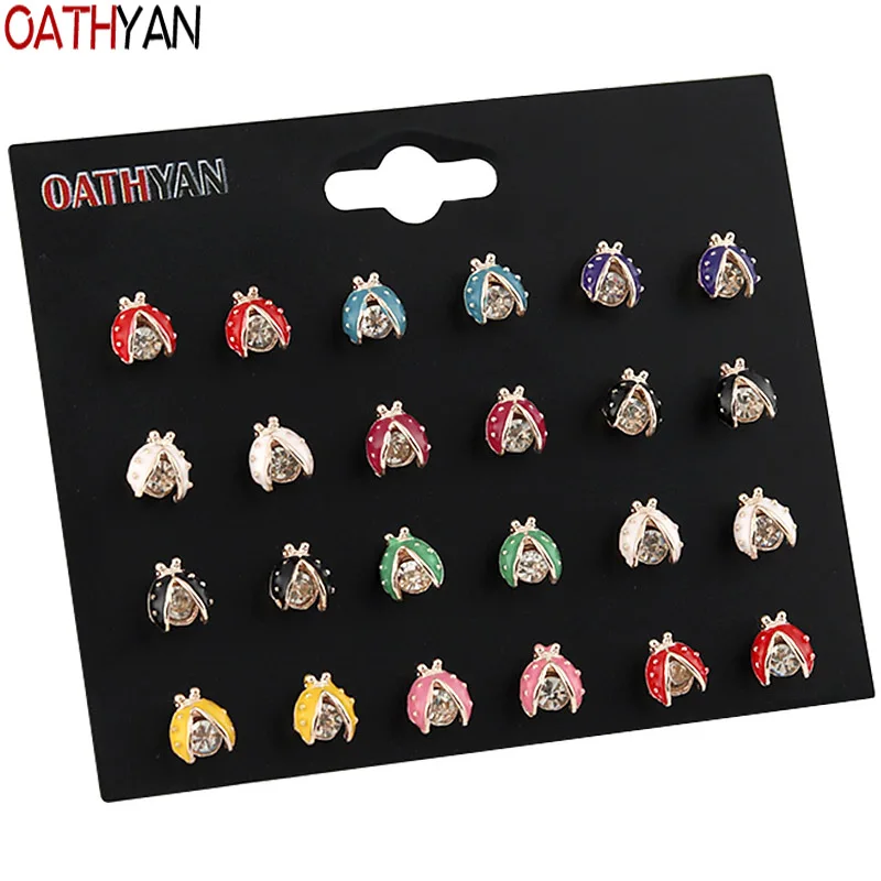 

OATHYAN 12 Pairs/Set Newest Cute Colorful Enamel Ladybug Stud Earrings Set Mix Women's Rhinestone Small Earring Girl Jewelry