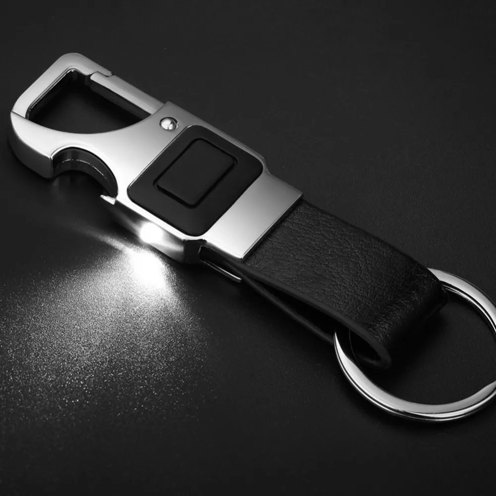 

Car Keychain Multi-function Auto Key Ring with LED Lamp and Bottle Opener zinc alloy + PU car key chain Automotive car-styling