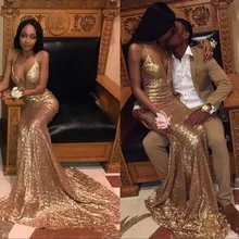 Robe De Soiree, вечерние платья с блестками на тонких бретелях, вечернее платье, африканские сексуальные платья с глубоким v-образным вырезом, Золотое длинное платье для выпускного вечера