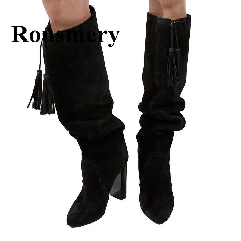 Invierno Botas Picture Mujeres Manera Y Alto Señaló Hasta Pie Diseño Picture De Marrón Otoño as Negro Del Flock Tacón Colgante La Plisado Cuadrado Rodilla Dedo Franja As BCFdWqw