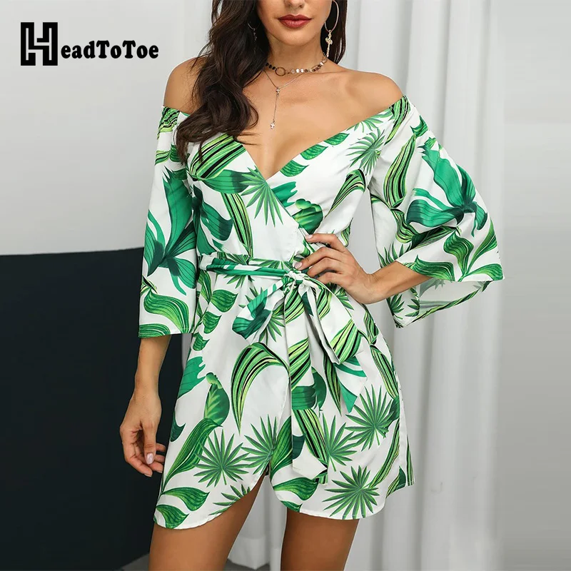 

Off Shoulder Botanical Print Wrap Dress