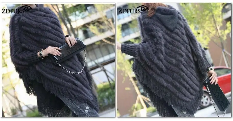 ZDFURS* Настоящее Вязаное пончо из кроличьего меха с капюшоном и кисточкой ручной работы Европейский свитер шаль оптом и в розницу ZDKR-165002