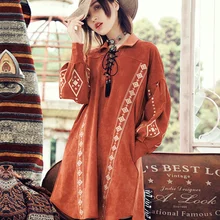 The original 2016 maze autumn Folk Style Lantern Sleeve embroidered jacket suede long T-shirt girl MZ43005