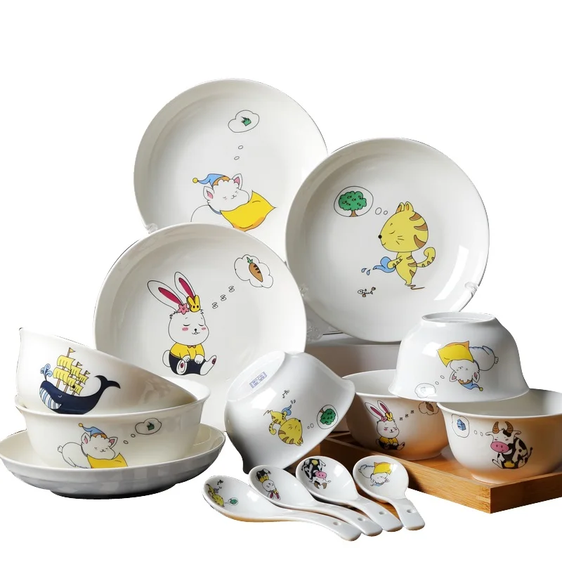 

Creative Cartoon 26/55 pcs Tableware set Jingdezhen bone china Rice Bowls Plates Set Korean style home ceramic dinner set