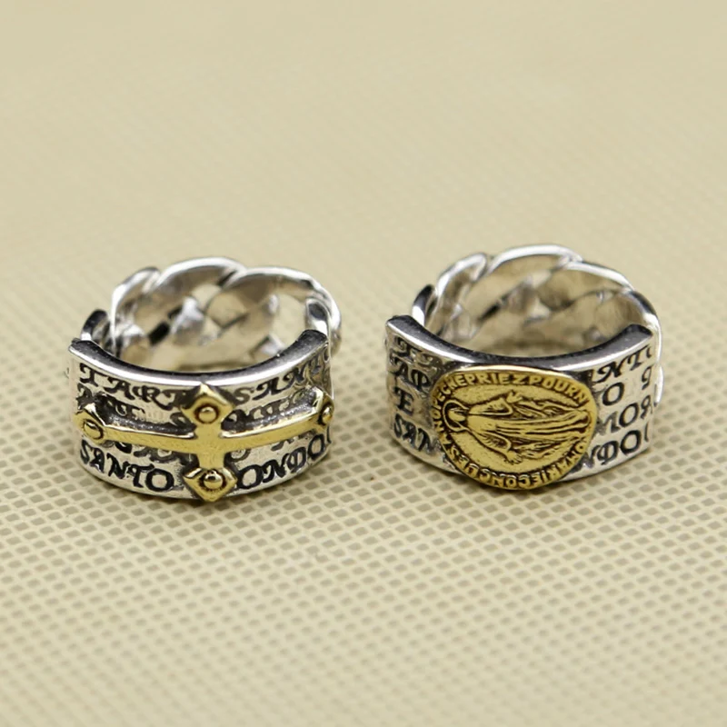 Начальная пара кольцо Настоящее серебро 925 пробы ювелирные изделия для мужчин и женщин панк Рок Крест девственница Мэри письмо обручальное кольцо R054