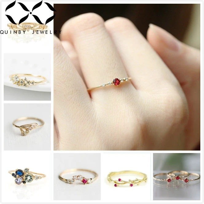

Quinby Crystal Zircon Rings For Women Wedding Flower Ring Rose Gold Red Gem Stone Thin Ring Bridal anillos Girl Party Jewelry Q5