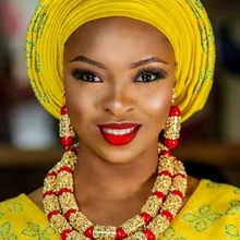 Роскошный Дубайский Золотой эффектный комплект ювелирных изделий ожерелье красный африканский бисер Свадебный нигерийский Комплект бижутерии WE182