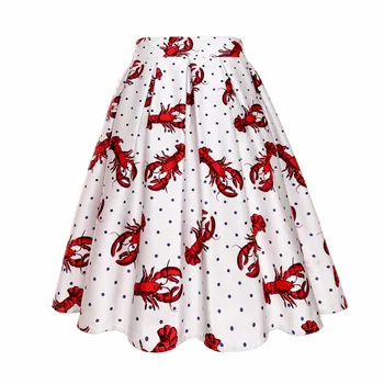 

Lobster Print Midi Skirts Causal Vintage High Waist Pleated Solid Skirt 2018 Summer A Line Umbrella Big Swing Plus Size Skirts