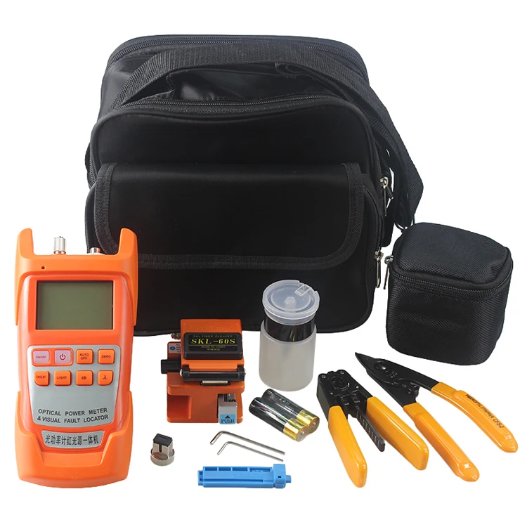 

Fiber Optic FTTH Tool Kit with Fiber Cleaver , All in Optical Power Meter Visual Fault Locator 1mw ,Wire stripper and Big bag