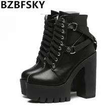 BZBFSKY2018; готические сапоги в стиле панк на платформе с квадратным каблуком и шнуровкой; армейские ботильоны с перекрестными ремешками на очень высоком массивном каблуке; женская обувь