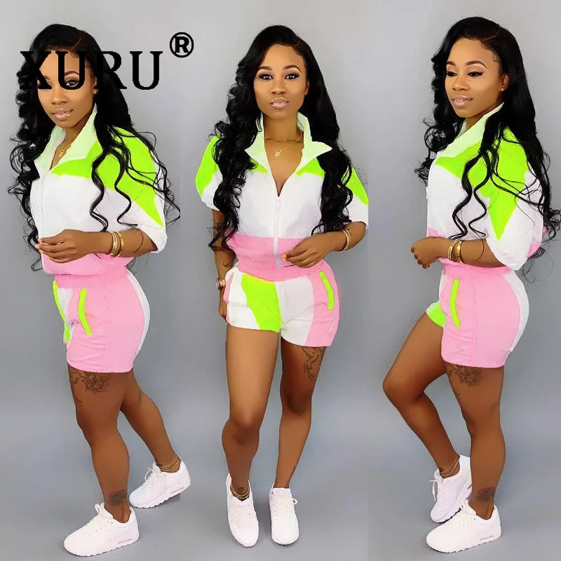 

XURU new women's casual jumpsuit two-piece collar collar color mosaic piece shorts suit