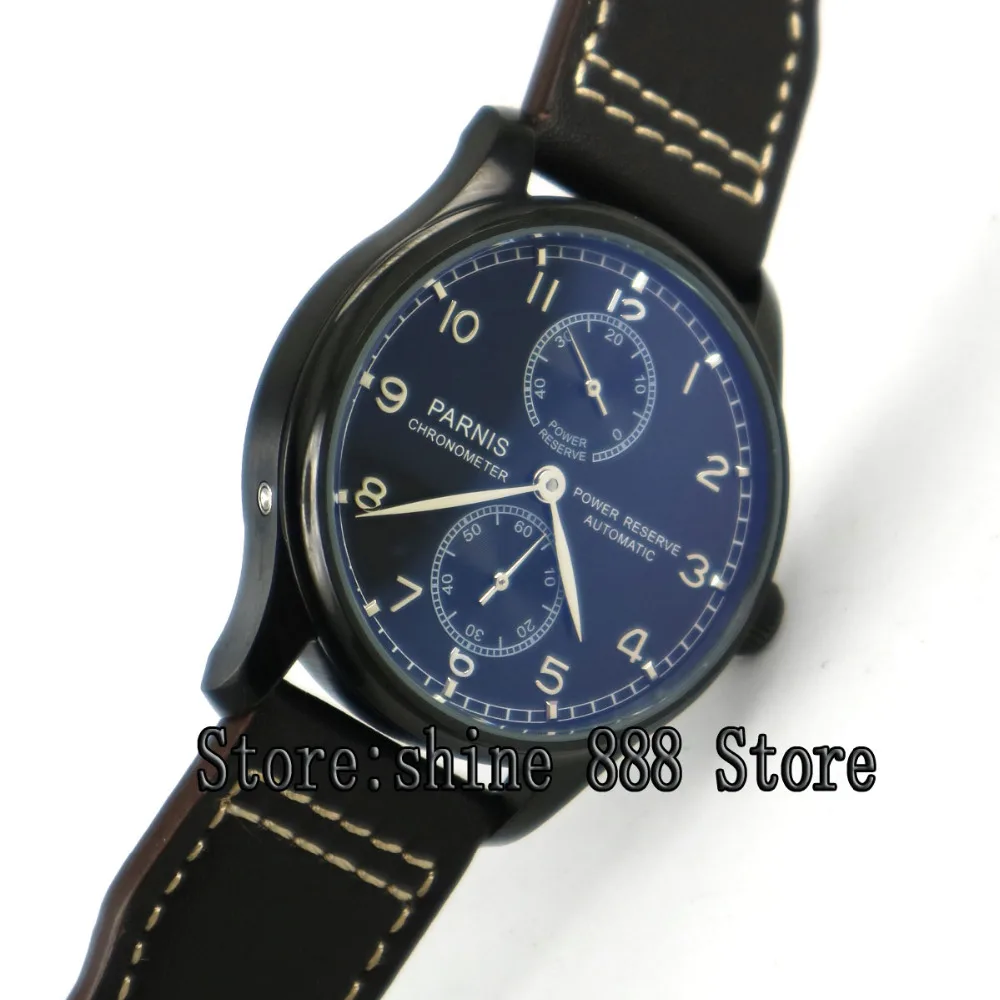

Parnis 43mm black dial silver hands PVD case power reserve ST2542 Automatic movement mens watch