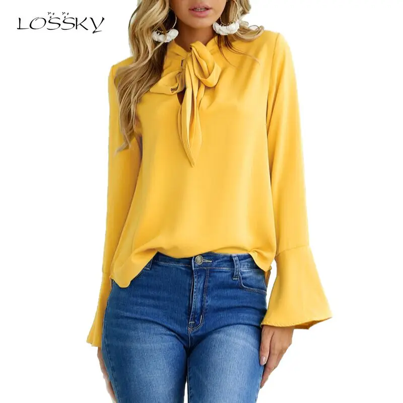 

Women Flare Long Sleeve Chiffon Blouse Bow Irregular Solid Ruffle Fashion Blouses New 2018 Spring Casual Black Pink Tops Shirts