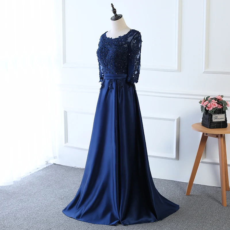 Халат De Soiree Кружева Вышивка Бисер темно-синий половина рукава-линии молнии Длинные вечерние платья невесты для торжеств вечерние платье для выпускного вечера