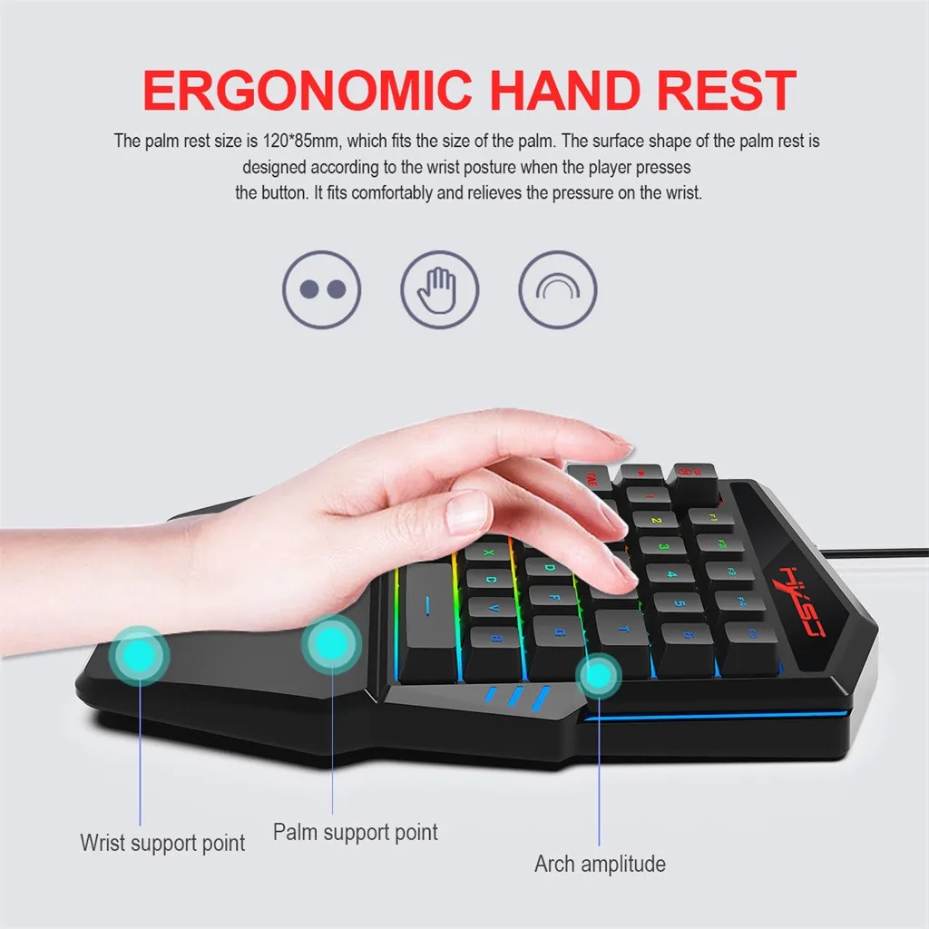 Мышь и клавиатура HXSJ HZ22 эргономичная многоцветная подсветка игровая клавиатура с одной рукой набор мышь черный геймер игровой комплект для дома# g4
