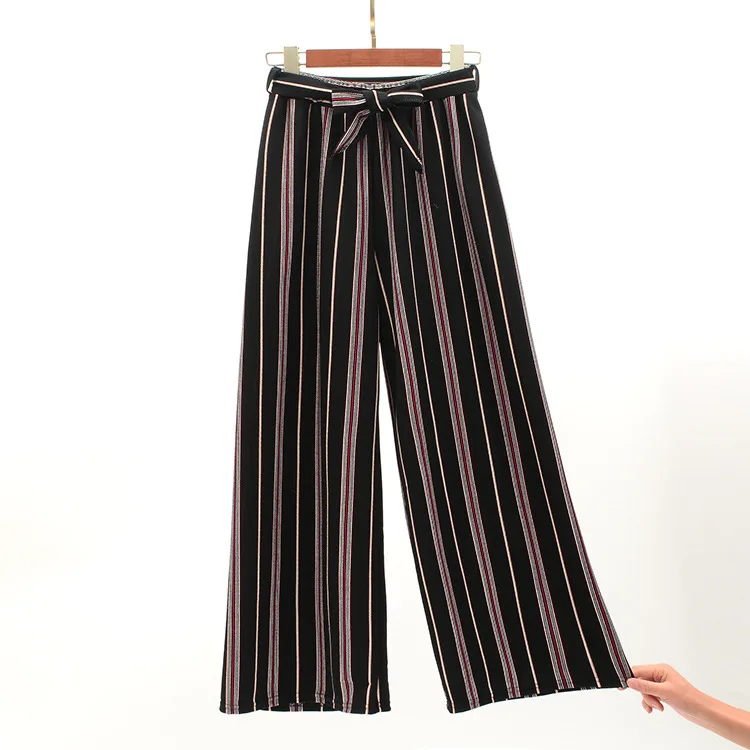 Woherb, летние корейские штаны для женщин, в полоску, с высокой талией, широкие брюки, повседневные, с эластичной талией, длиной до лодыжки, штаны с поясом 21066 - Цвет: 27 red