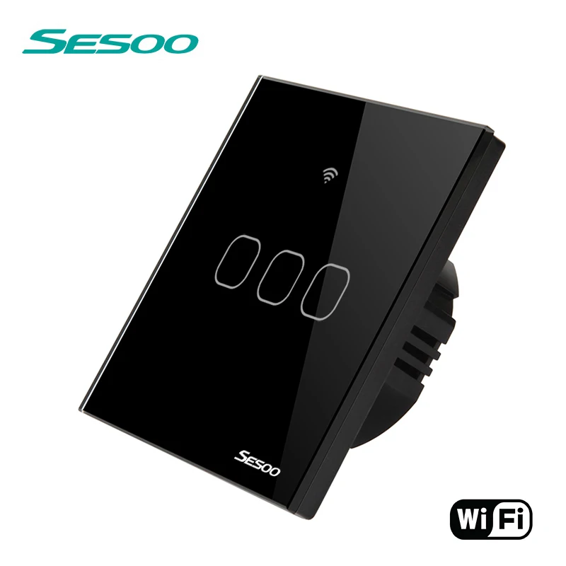 SESOO wifi Smart Touch Switch 3-Band APP беспроводной дистанционный светильник настенный переключатель Хрустальная стеклянная панель работает с Alexa/Google Home - Цвет: WIFI-EU-SK2-03 Black