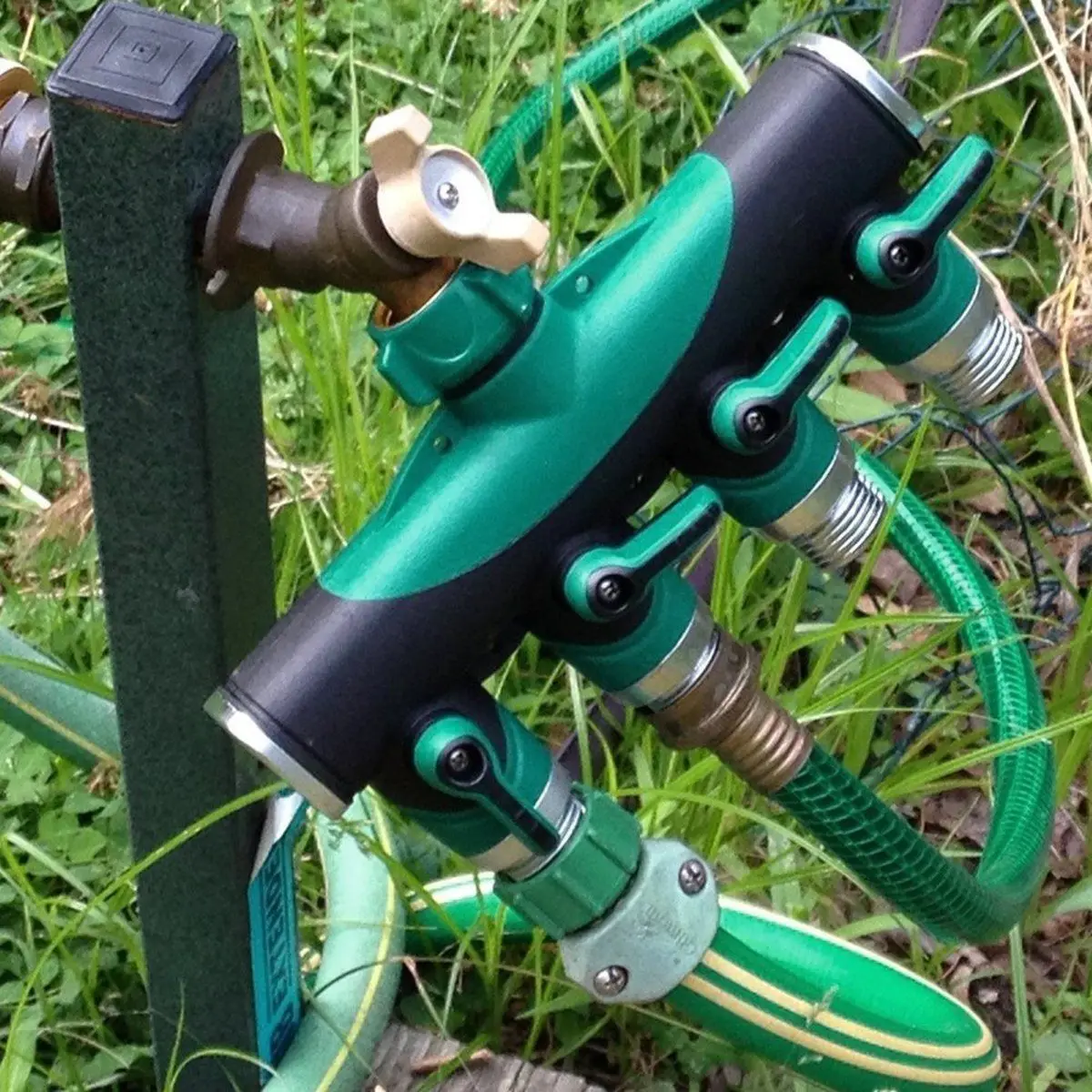 JX-LCLYL 4-Way Water Tap to Hose Connector Heavy Duty Garden Water Hose Splitter Green