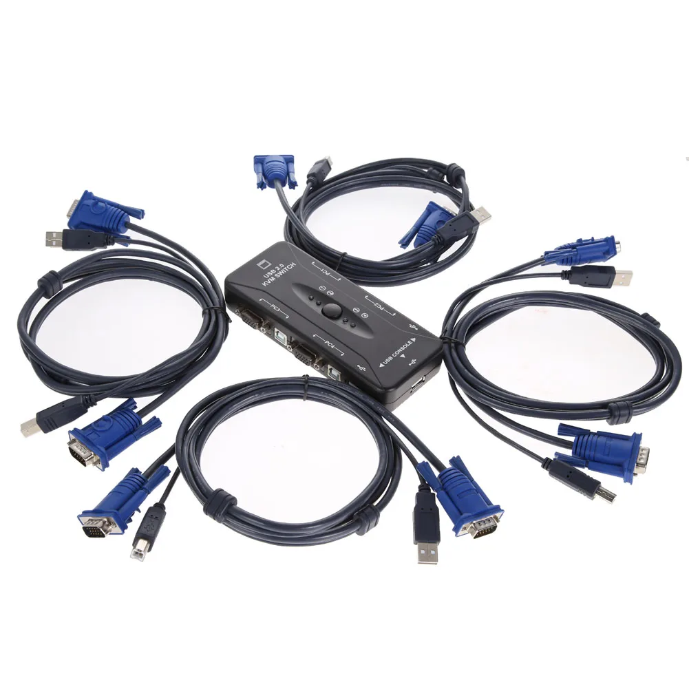 New KVM Switch Box USB 2.0 4 Port Keyboard Video Monitor VGA KVM Switch Box And 4 Cables for PC Keyboard Mouse High Quality New KVM Switch Box USB 2.0 4 Port Keyboard Video Monitor VGA KVM Switch Box And 4 Cables for PC Keyboard Mouse High Quality