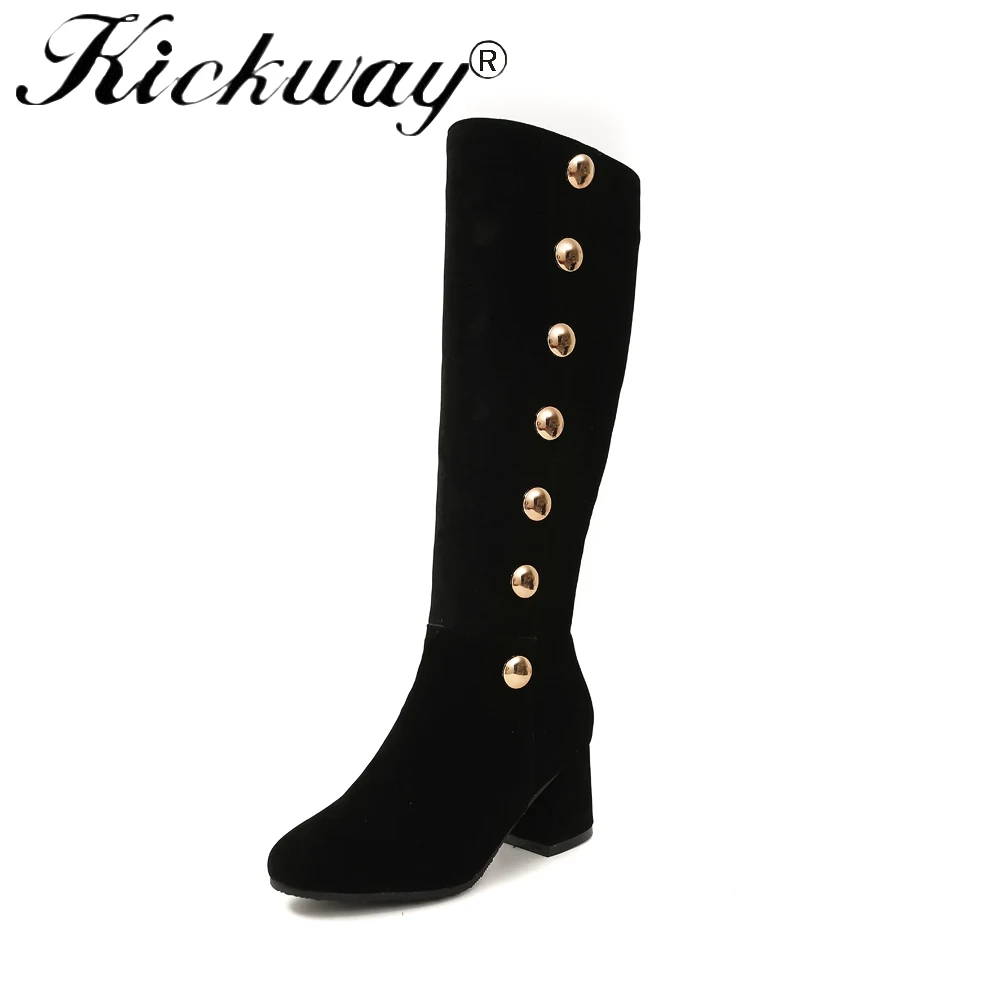 

Kickway Big Size 33-46 Women Knee High Boots Fur Inside Warm Winter Boots Side Zipper Thick High Heels Shoes Button Footwear