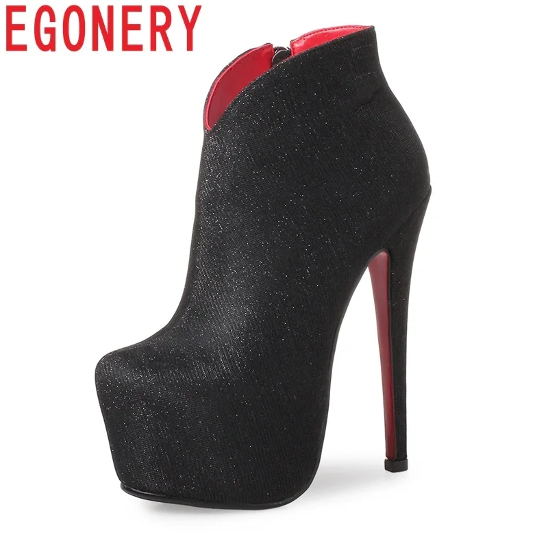 

EGONERY hot sale newest sequined cloth super high thin heels platform booties winter warm three colors fashion sexy party shoes