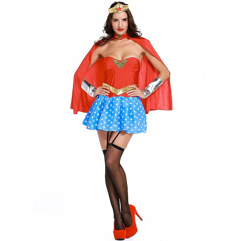 Halloween Women Superhero Outfit Wonder Cosplay Costume Sexy Tube Top Dress Lingerie Fancy Dresses