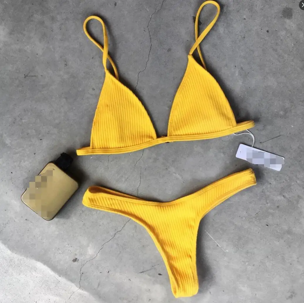 2017 Brand Bikini Set Sexy yellow Push Up Swimwear Women Solid Low Waist Swimsuit Female Bandage Bathing Suit Beachwear |